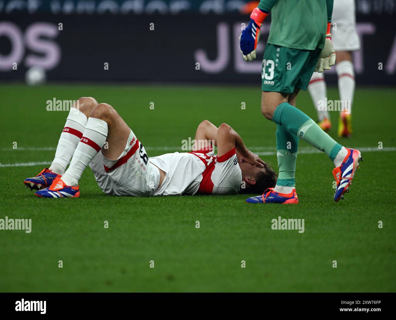 Leverkusen, Deutschland. August 2024. Fußball, DFL Supercup, Finale, Bayer Leverkusen - VfB Stuttgart, BayArena: Stuttgarter Anthony Rouault reagiert. Quelle: Bernd Thissen/dpa/Alamy Live News Stockfoto