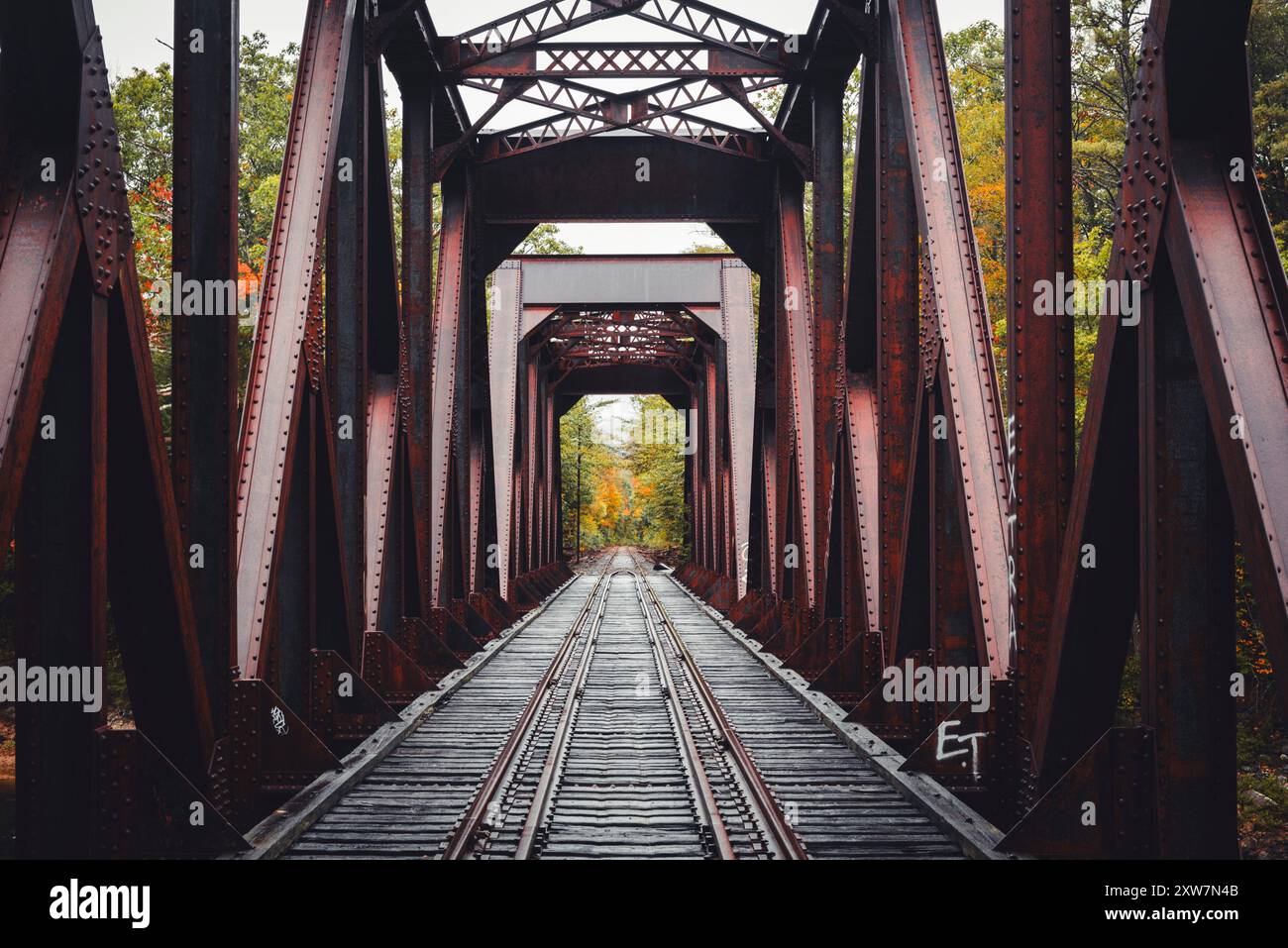 Verrostete Eisenbrücke und Bahngleise im Wald von New Hampshire Stockfoto