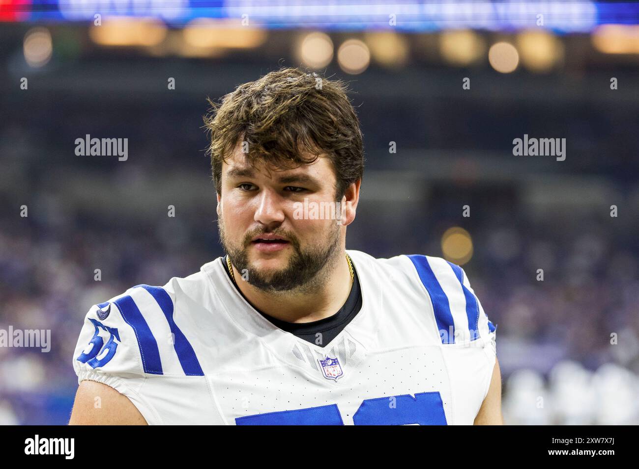 17. August 2024: Indianapolis Colts Offensive Lineman Quenton Nelson (56) während des Vorsaisonspiels gegen die Arizona Cardinals im Lucas Oil Stadium in Indianapolis, Indiana. John Mersits/CSM. Stockfoto