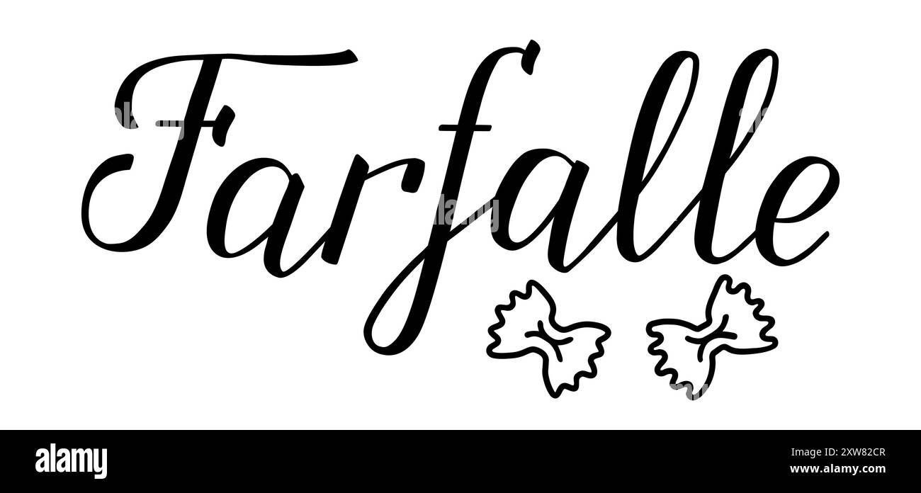 Farfalle Mini Vector Hand-Schriftzug mit zwei handgezeichneten Symbolen in Butterfly-Nudelform. Schwarze Inschrift auf weißem Hintergrund. Paket, Restaurant, Menü Stock Vektor