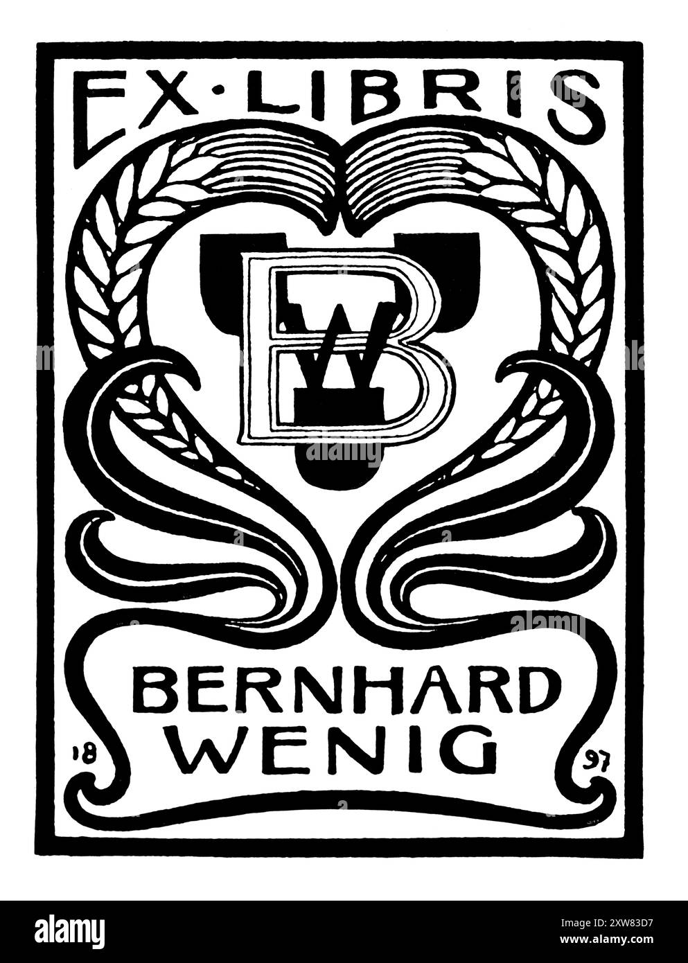 1897 persönliche Büchertafel mit Monogramm, eingerahmt von Jugendstilgrenze des deutschen Bildhauers, Dekorationskünstlers, Illustrators und Malers Bernhard Wenig Stockfoto