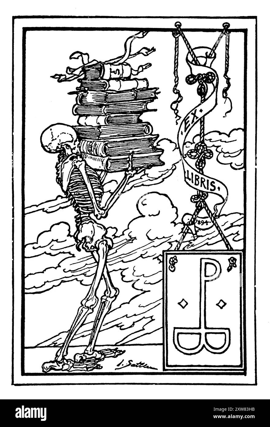 1894 Bücherteller mit Skelett-Bücherdesign für P B des deutschen Künstlers Josef Sattler Stockfoto