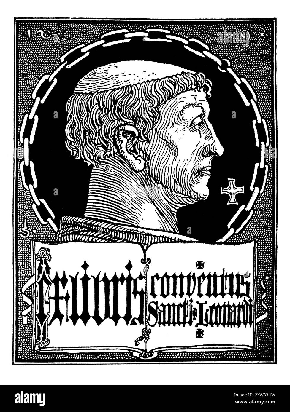 1898 Buchplattendesign für das Kloster St. Leonard mit einem Profil des Kopfes des Heiligen des deutschen Künstlers Josef Sattler Stockfoto