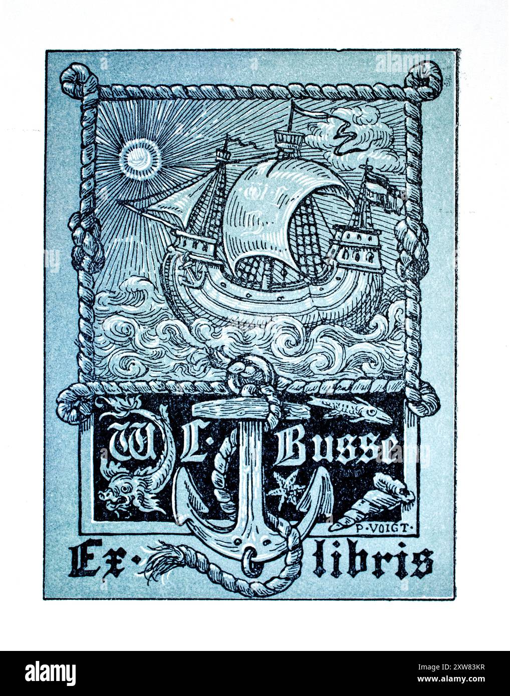 Ill1815 1897 zweifarbiges Bookplate maritimes Design für W L Busse des deutschen Künstlers Paul Voigt Stockfoto