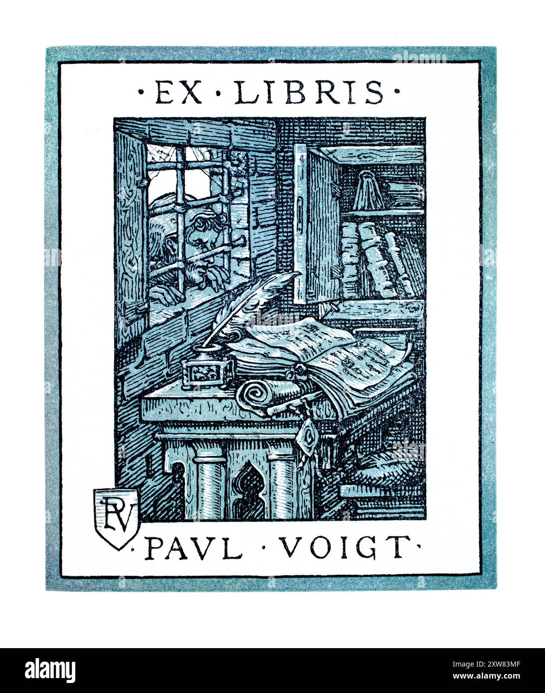 Zweifarbiger, persönlicher Buchteller-Designer aus den 1890er Jahren, der durch ein vergittertes Fenster in die Schreibwerkstatt des deutschen Künstlers Paul Voigt schaut Stockfoto