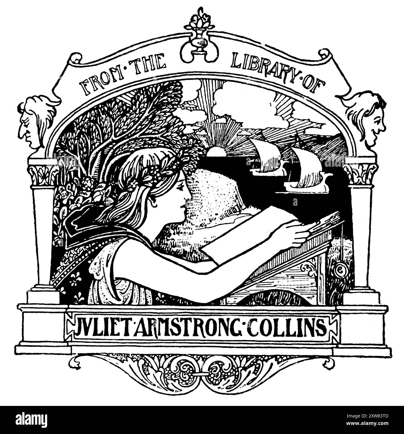 Eine Frau aus den 1890er Jahren, die ein Buch am Meer bei Sonnenaufgang für Juliet Armstrong Collins von Harry Eldredge Goodhue liest Stockfoto