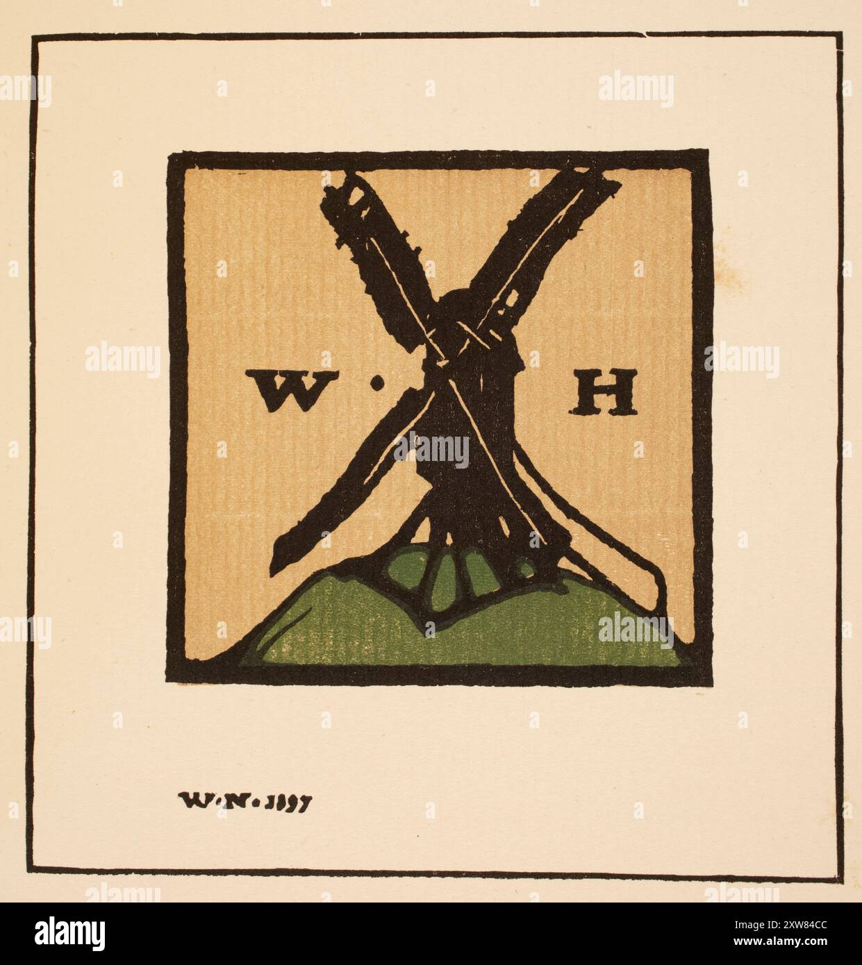 1897 Holzschnitthefelplatte mit Windmühlenmotiv für W H, entworfen vom britischen Maler für Stillleben, Landschaft und Porträts, W P Nicholson Stockfoto
