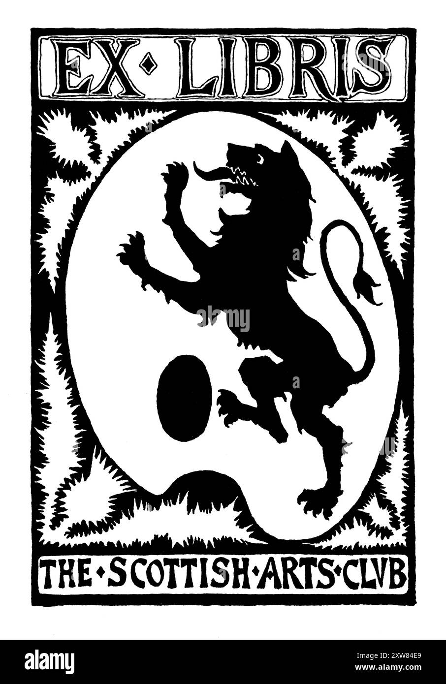 1898 Scottish Arts Club Library Heraldic Design Bookplate, entworfen von dem schottischen Landschafts- und Porträtmaler James Cadenhead Stockfoto