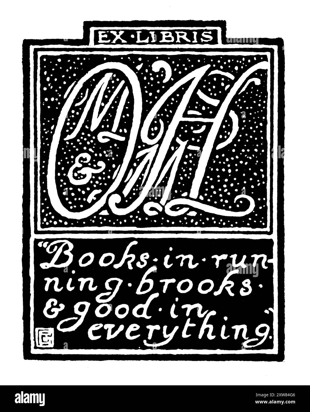 1898 MSM O’H Monogram Bookplate entworfen vom schottischen Künstler James Joshua Guthrie, Bücher in laufenden Bächen & Good in Everything Motto Stockfoto
