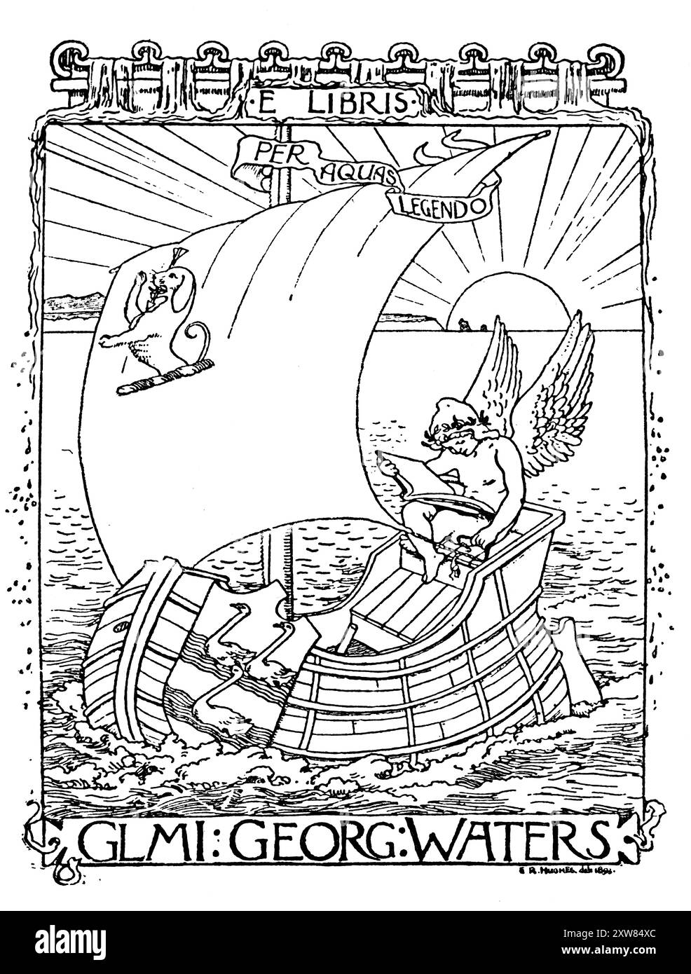 1893 wurde ein Bücherschild für George Waters, von Cherub auf einem Segelboot, vom Maler Edward Robert Hughes entworfen Stockfoto
