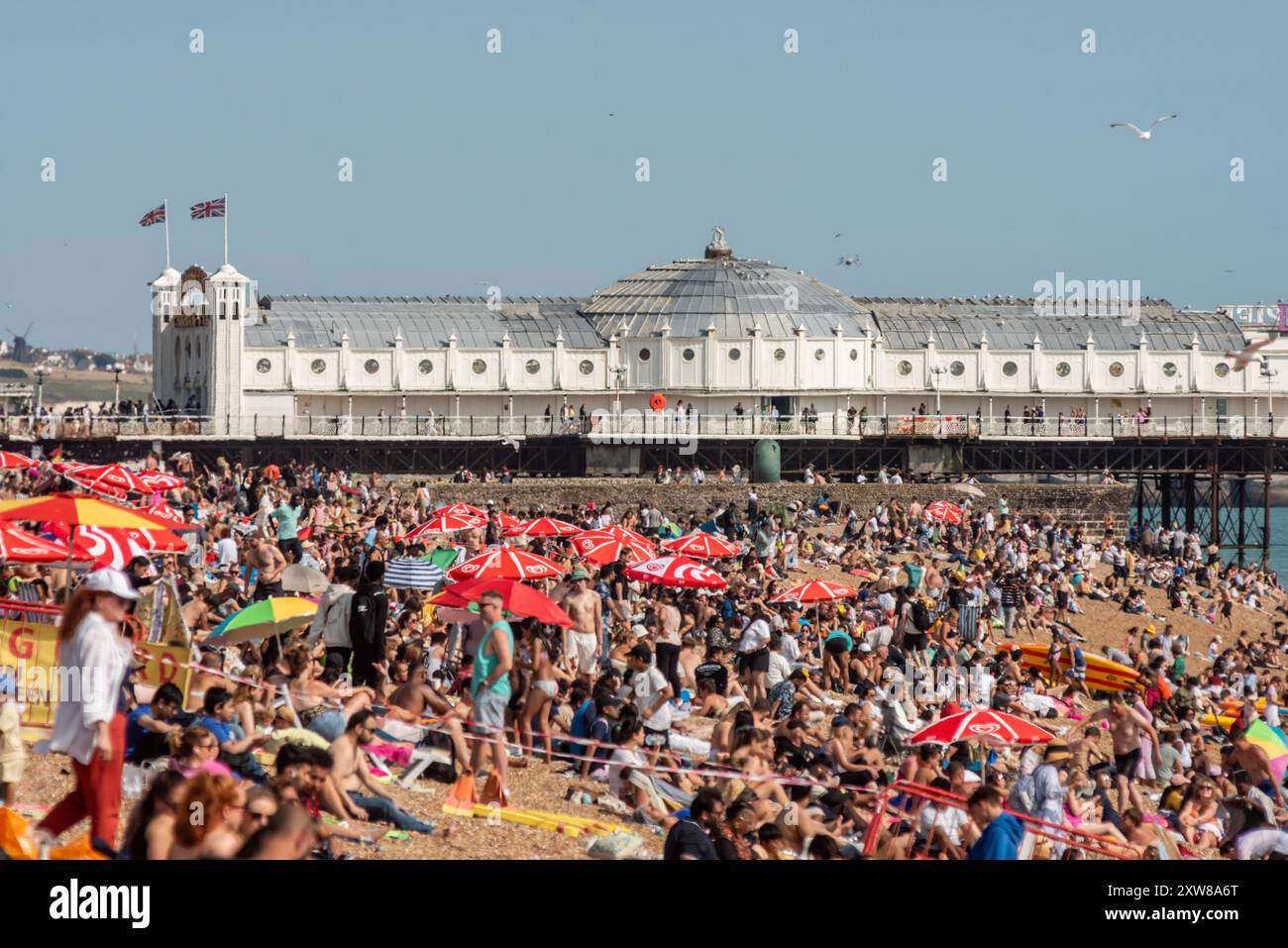 Brighton, 17. August 2024: Menschenmassen genießen das herrliche August-Wetter am Brighton Beach heute Nachmittag Stockfoto