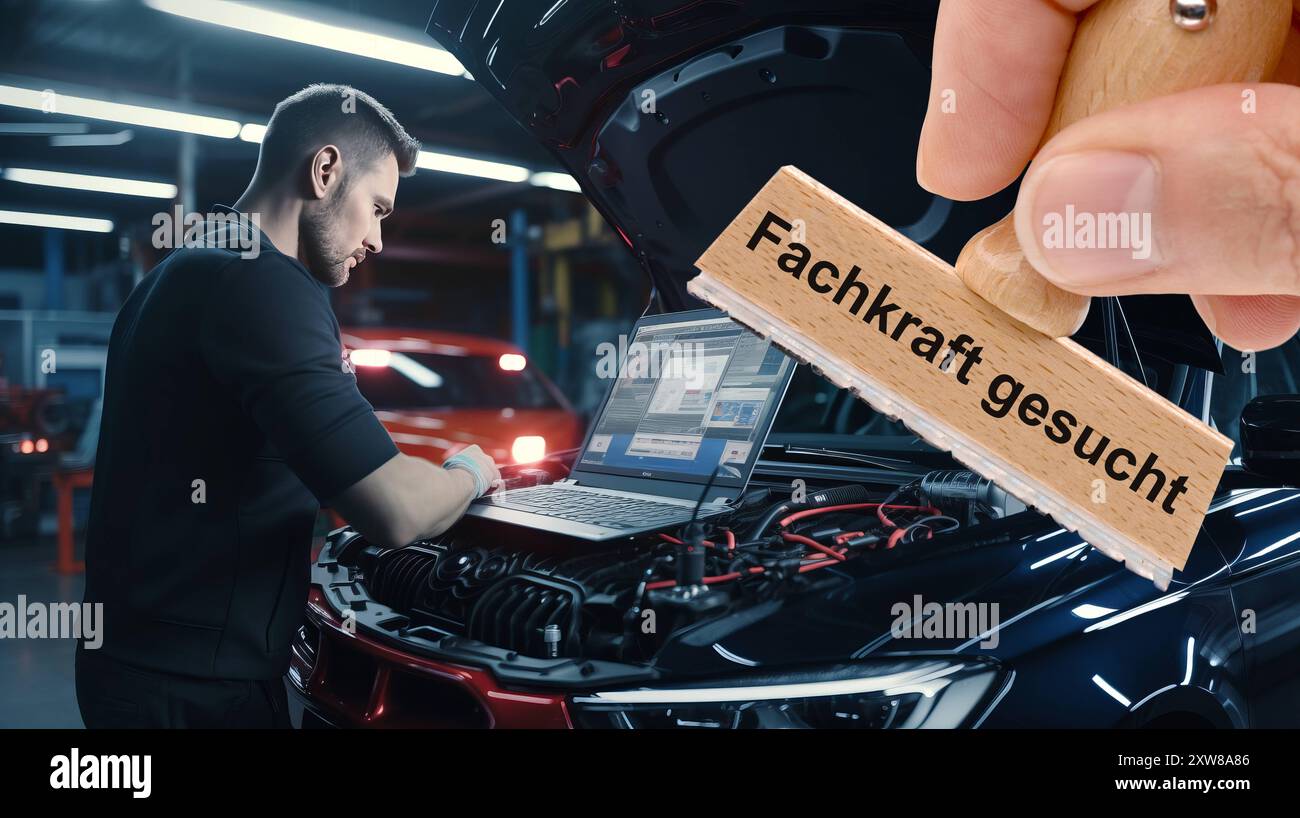 Fachkräftemangel und Fachkraft gesucht ein Holzstempel ist beschriftet mit dem Aufdruck: Fachkraft gesucht und liegt als Fotomontage über einem Bild V Stockfoto