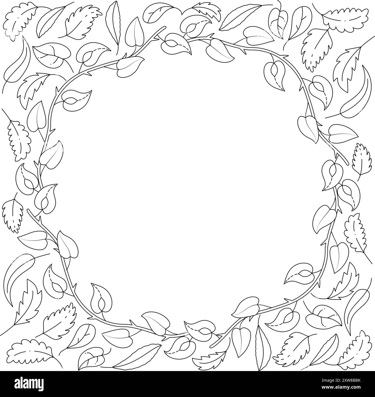 Rahmen der Herbstblätter. Kastanie, rowan, Espen, Eiche, Ahorn, Doodle-STYLE. Handgezeichnet schwarz-weiß isoliert. Herbstlaub Malseite Kunsttherapie für Kinder und Erwachsene. Stock Vektor