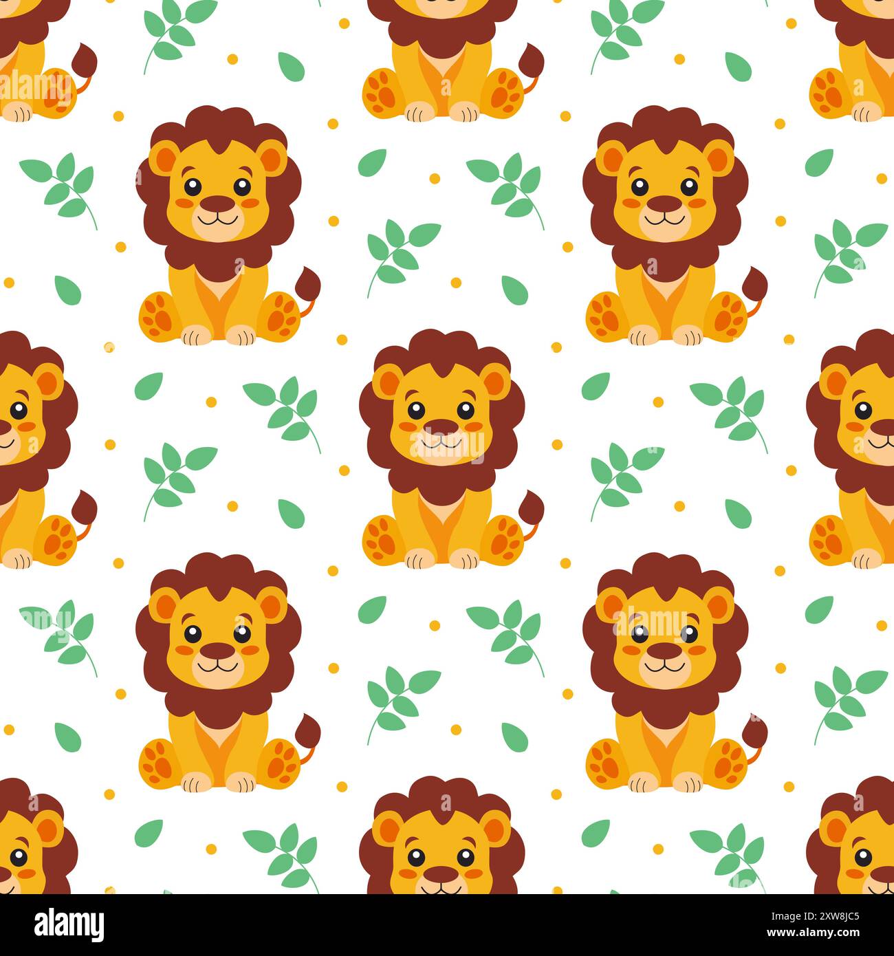 Kindliches, nahtloses Muster aus niedlichem Löwen und Pflanzen. Tiertapete für Geschenkverpackungen aus Textil Stock Vektor