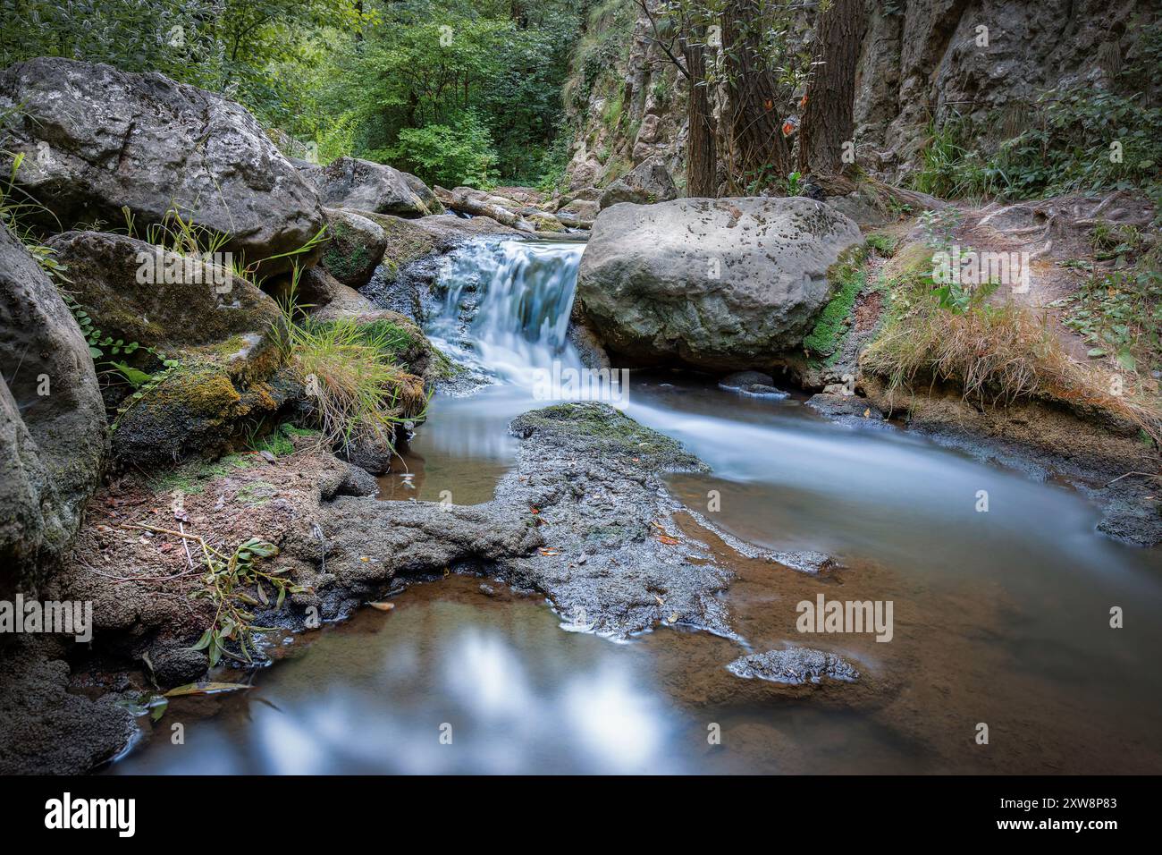 Wunderschöner Fluss über die Felsen in Tureni Schluchten, einem wilden Wandergebiet in der Nähe von Cluj, Rumänien Stockfoto