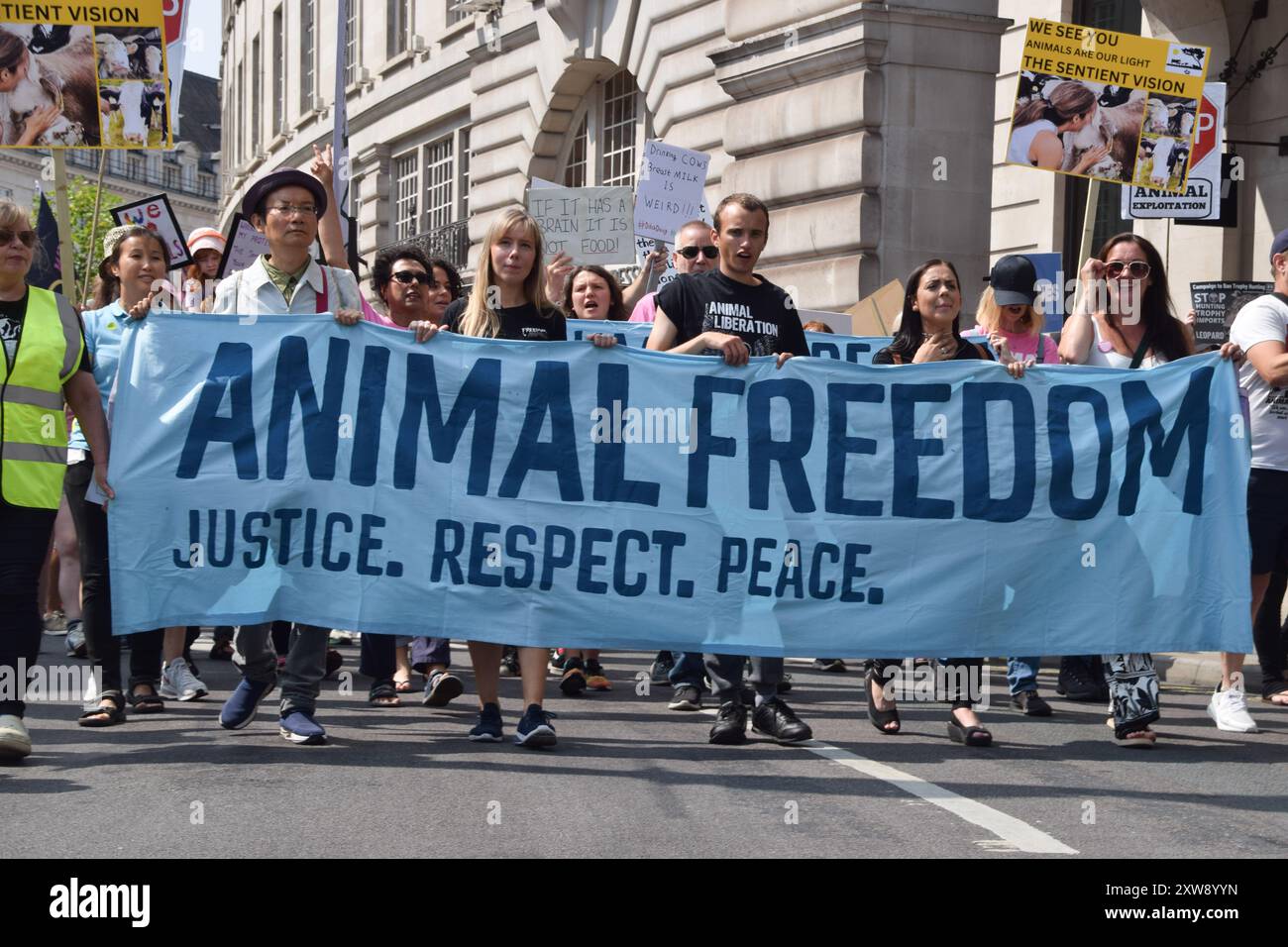 London, Großbritannien. August 2024. Während des National Animal Rights March im Zentrum Londons passieren Demonstranten die Regent Street. Der jährliche Protest hebt das Leiden und den Tod von Milliarden von Tieren in allen Bereichen menschlichen Handelns hervor, kämpft für die Tierbefreiung und für ein Ende der Tierausbeutung und fördert Veganismus und einen grausamen Lebensstil. Quelle: Vuk Valcic/Alamy Live News Stockfoto