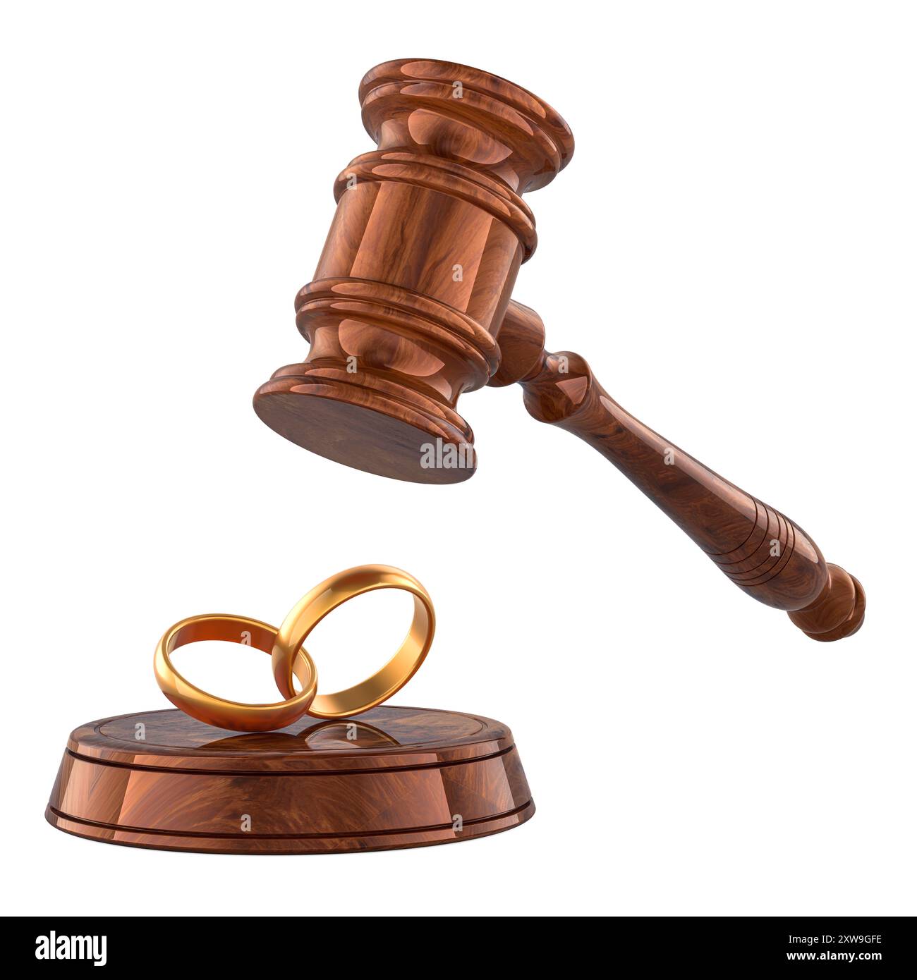 Scheidungskonzept. Hölzerner Hamel mit Eheringen, 3D-Rendering isoliert auf weißem Hintergrund Stockfoto