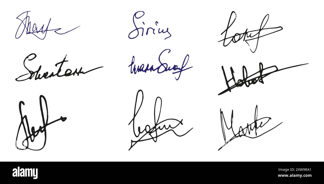 Gefälschte Signatur, handgezeichnetes Muster, eigenes Autogramm. Fiktive handschriftliche Unterschrift. Blaue Tintenfarbe. Scribble für Musterverträge Dokumente Zertifikate oder Briefe. Vektorabbildung. Stock Vektor