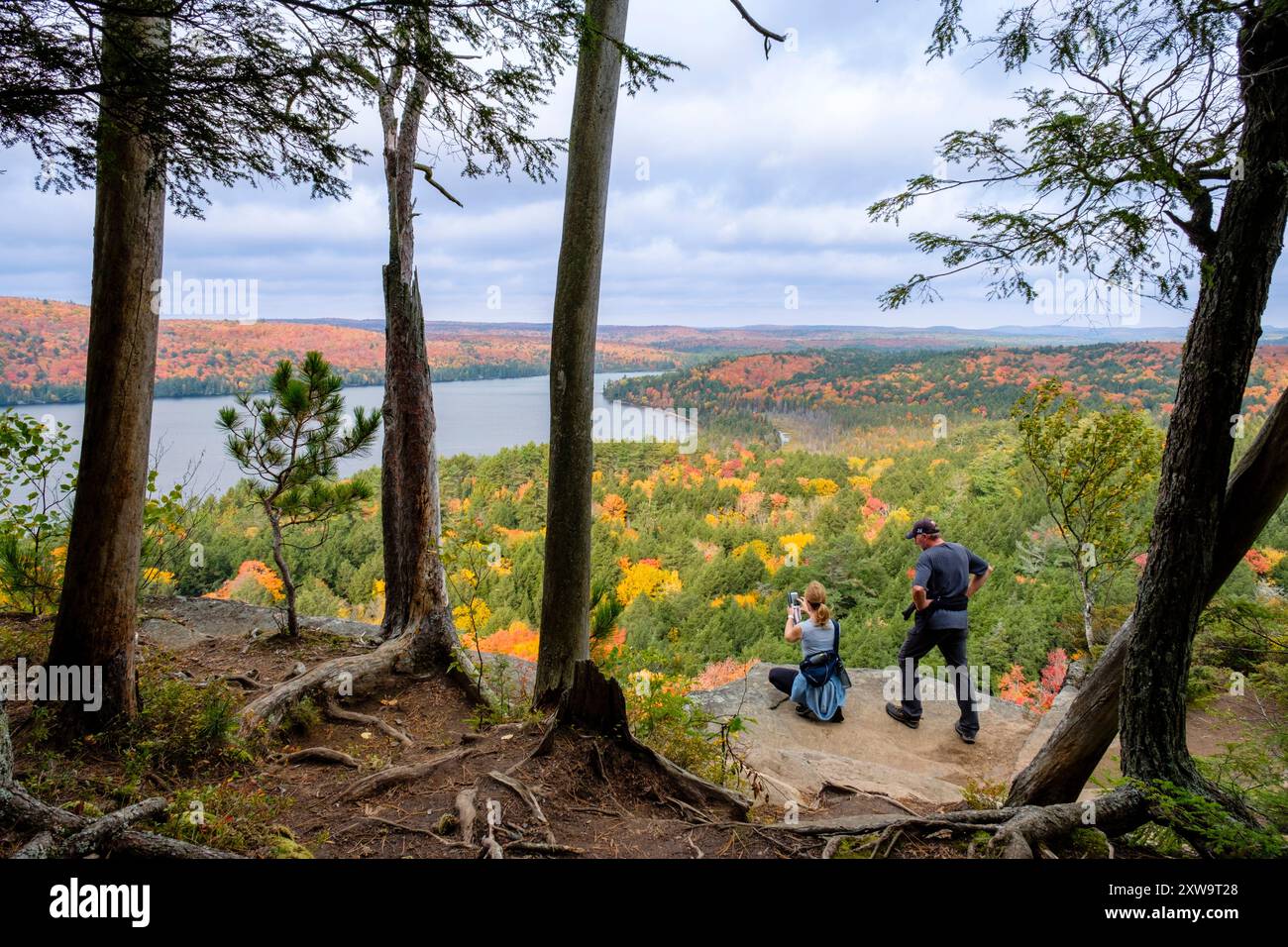 Menschen, Wanderer, Canadian Shield, Rock Lake, Booth's Rock Trail Lookout, Algonquin Provincial Park Highlands Forest, Herbst, Herbstwanderung, Ontario, Kanada Stockfoto