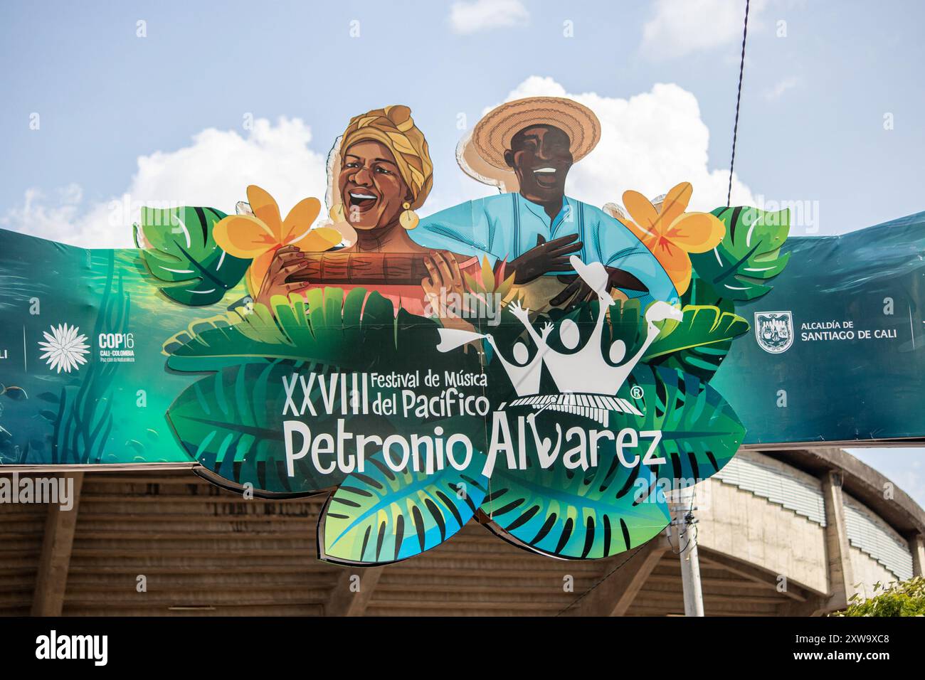 Cali, Kolumbien. August 2024. Das Petronio Alvarez Logo während des Petronio Alvarez Festivals in Cali, Kolumbien, 16. August 2024. Foto: Sebastian Marmolejo/Long Visual Press Credit: Long Visual Press/Alamy Live News Stockfoto