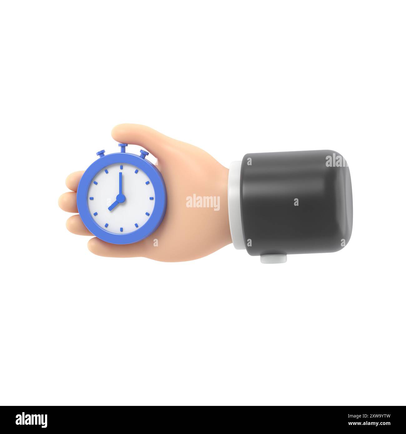 Cartoon Gesture Symbol Mockup.Cartoon Hand mit Stoppuhr.3D-Rendering auf weißem Hintergrund. Stockfoto