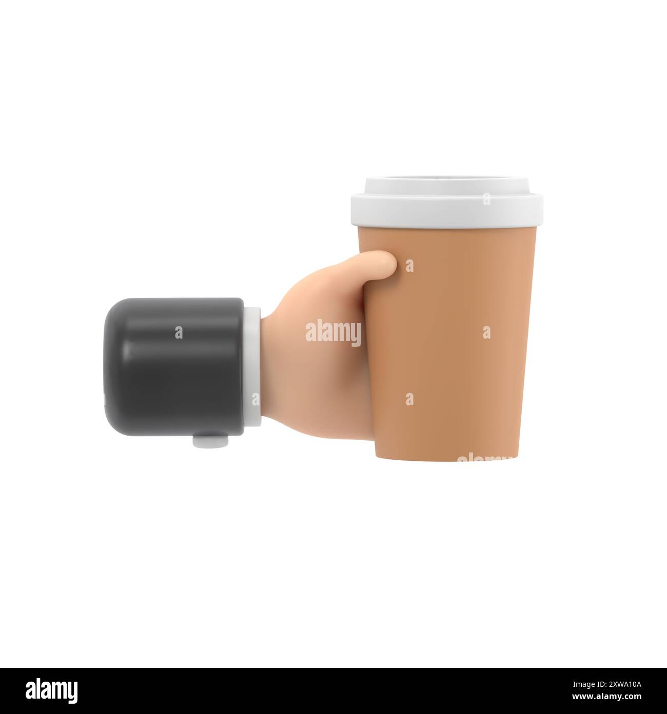 Cartoon Gesture Symbol Mockup.Сup von Kaffee in der Hand, 3D-Rendering auf weißem Hintergrund. Stockfoto