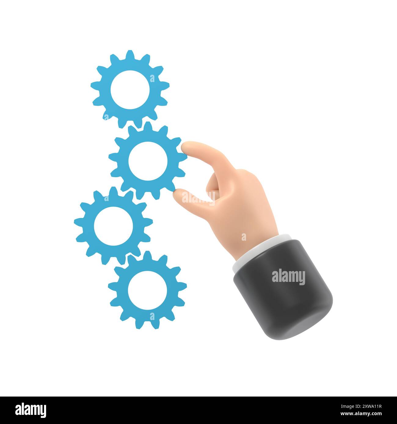 Cartoon Gesture Symbol Mockup.Asset Management Konzept. Zahnräder des Mechanismus einstellen. Flache 3D-Illustration. Der Geschäftsmann hält ein Gerät in der Hand. Stockfoto