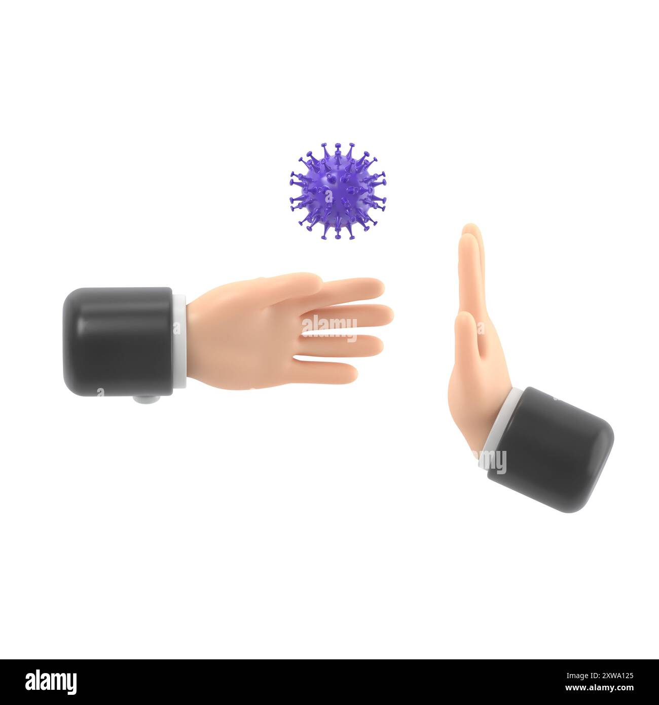 Bakterien zur Hand. Das Coronavirus wird durch einen Handschlag übertragen. Geste kein Körperkontakt. 3D-Illustration Cartoon flach. Vorsichtsmaßnahmen und Vorsorge Stockfoto