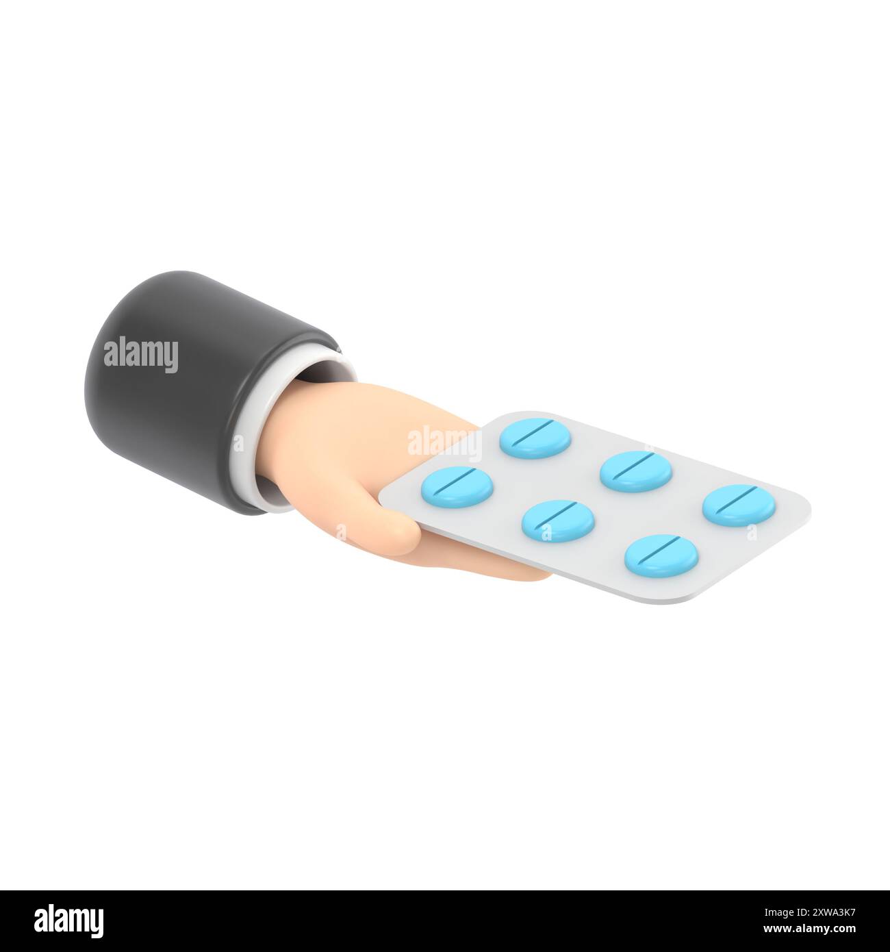 3D-Rendering. Symbol für eine Packung Pillen. Arzt oder Apotheker Cartoon Hand mit schwarzer Haut, die Medikamente hält. Medical Healthcare Illustration.3D Rendering auf weiß Stockfoto