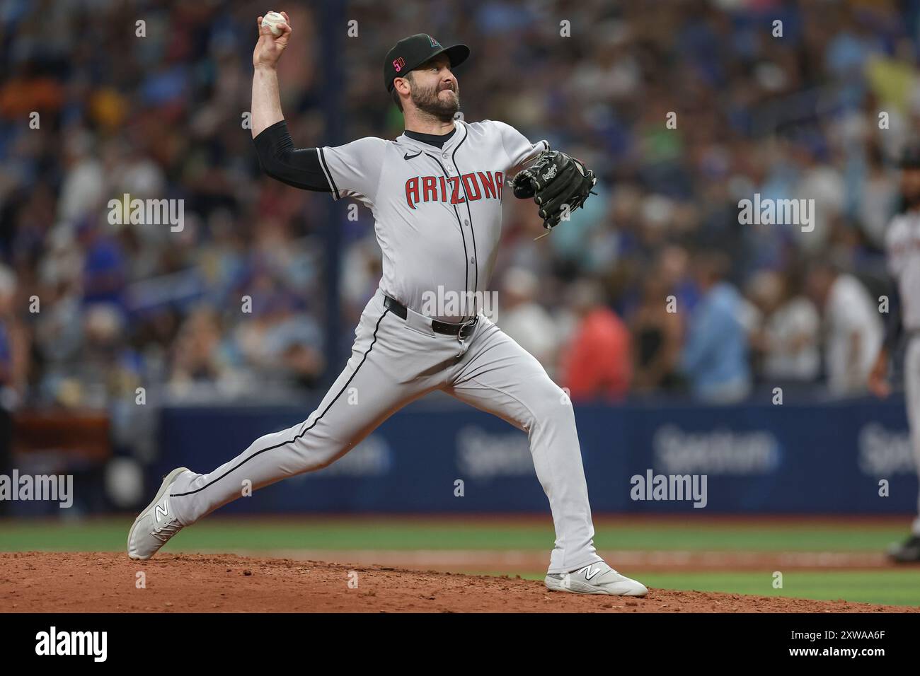 St. Petersburg, FL: Der Arizona Diamondbacks Pitcher Dylan Floro (58) liefert am 18. August 2024 in einem MLB-Spiel gegen die Tampa Bay Rays einen Platz Stockfoto