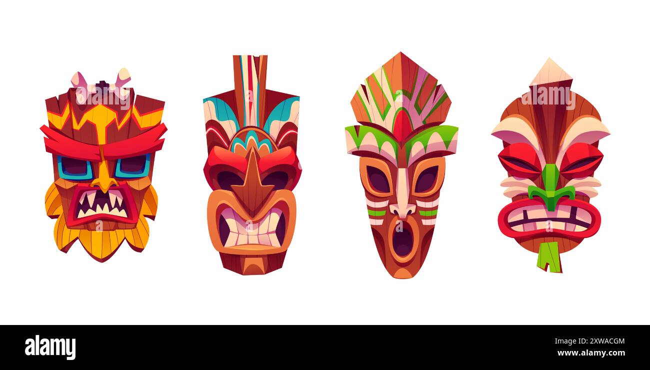 Traditionelle hawaiianische Totem-Tiki-Maskenkollektion. Zeichentrickvektor-Illustration Set des hölzernen Stammes Kultur Statue Kopf mit tropischen Blättern Dekorationen. Gesichts-Emotionen mit Augen, Zähnen und Zunge. Stock Vektor