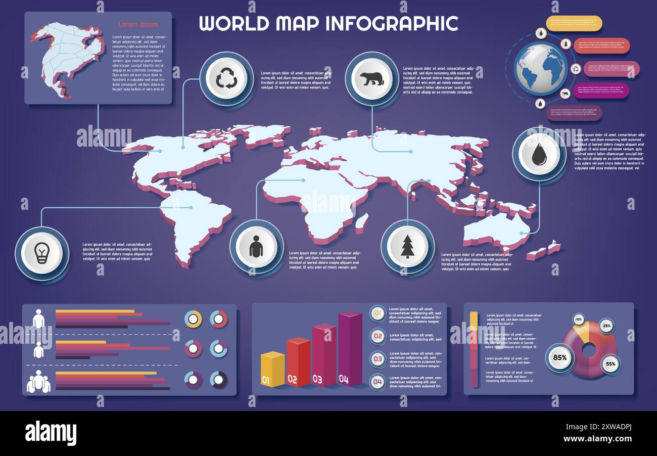 Weltkarte. 3D-GLOBE-Vorlage. People Web-Technologie für Unternehmensnetzwerke. Modernes Pfeildiagramm. PIN-Symbole. Planeten Kontinente. Demographische und ökologische Informationstabellen. Hintergrund des Vektordiagrammdesigns Stock Vektor