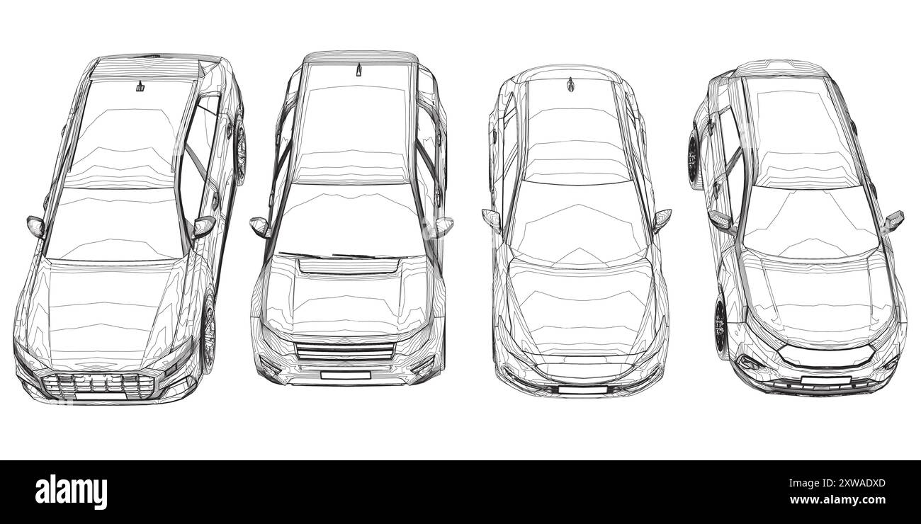 Konturensatz verschiedene Modelle von Autos. Vektorabwicklungsdarstellung. Vektorillustration Vorderansicht des Fahrzeugs Stock Vektor