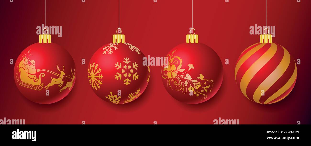 Weihnachtskugeln Vektor-Set Design. Festliche rote und goldene 3D-Weihnachtskugeln mit Weihnachtsschlitten, Schneeflocken, Blumendesign und Streifenmuster Stock Vektor