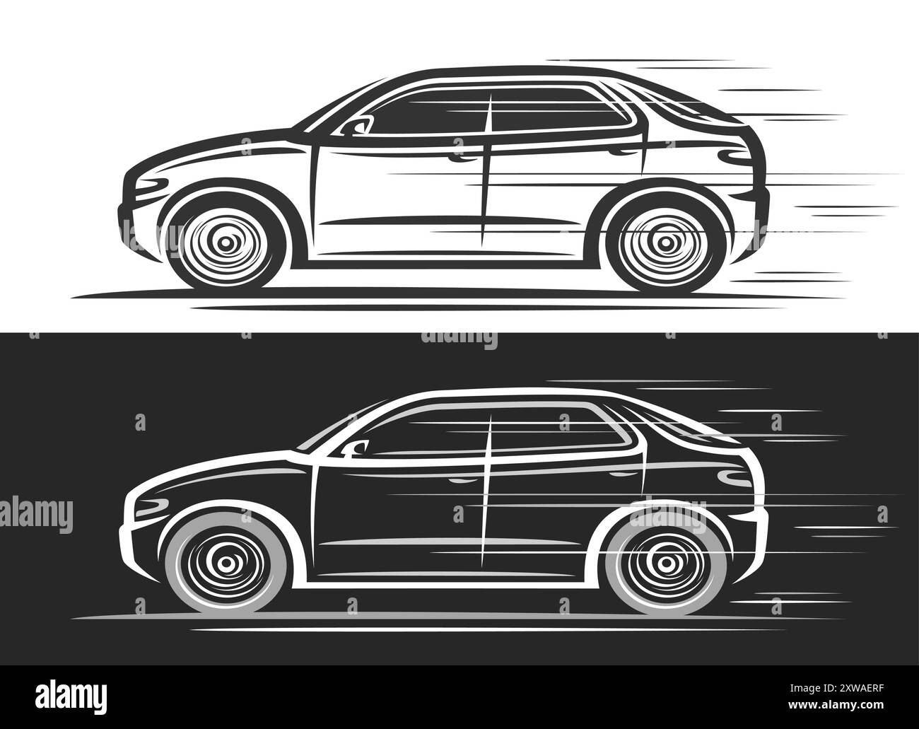 Vektor-Logo für SUV-Auto, dekorative Kfz-Banner mit Konturillustration des eleganten Sportfahrzeugs in Bewegung, Clip-Art läuft monochro Stock Vektor