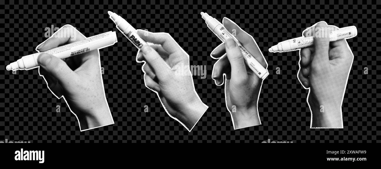 Einfarbiges Retro-Halbton-Design mit Zeigefinger. Satz von Collage-Elementen. Gepunktete Pop-Art-Optik Stock Vektor