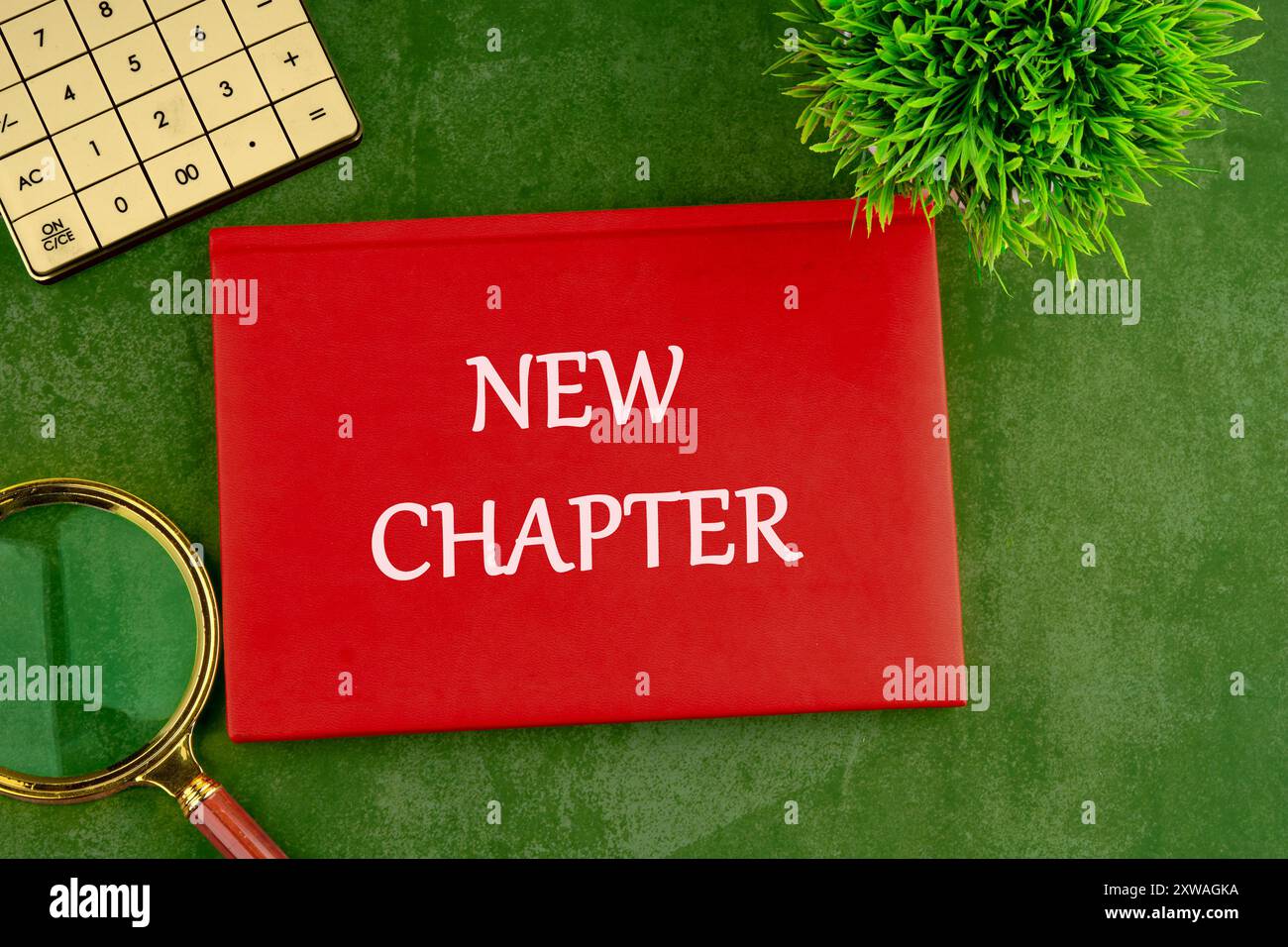 Textschild mit dem NEUEN KAPITEL auf dem Umschlag eines Geschäftsbuchs auf grünem gesättigtem Hintergrund Stockfoto