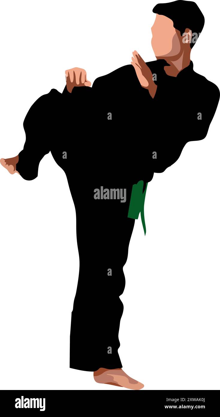 Pencak silat mit schwarzer Uniform und grünem Gürtel, seitliche Standbewegung Vektorkunst von Kelapa Pariwara Stock Vektor