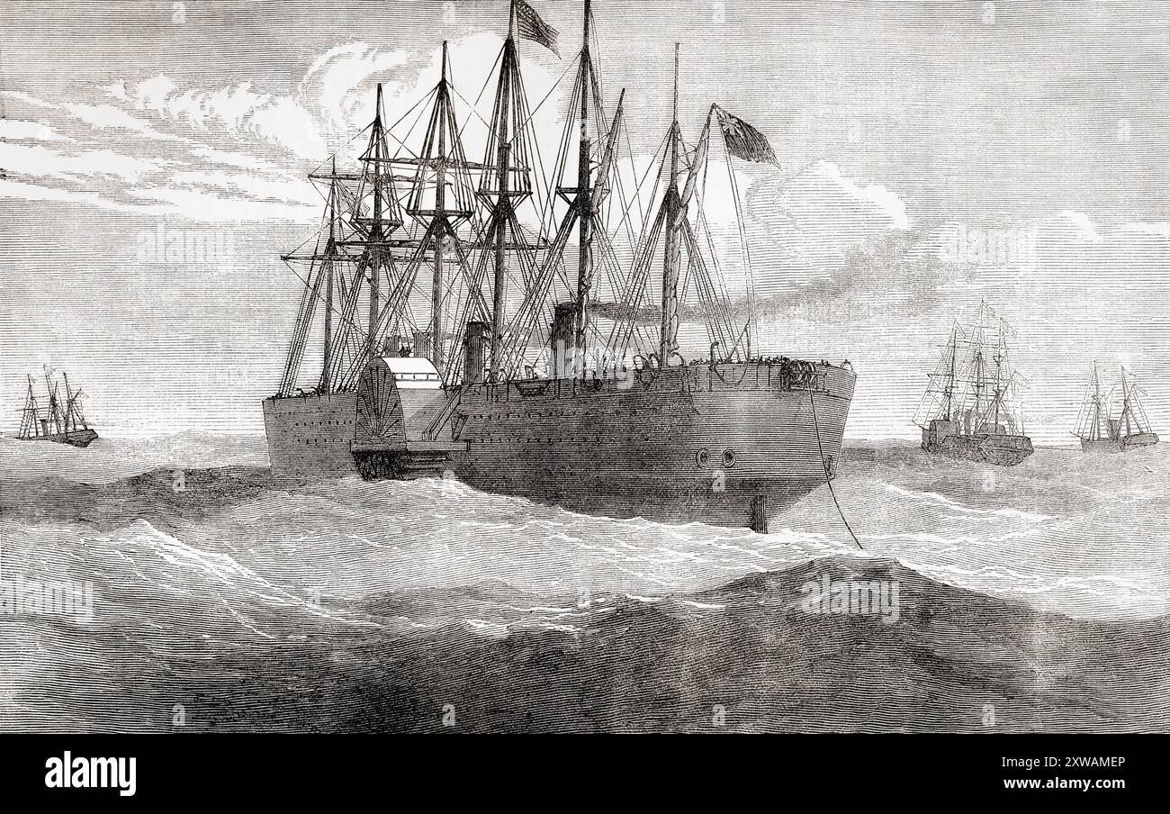 Die S.S. Great Eastern zahlt das Atlantikkabel aus, 1866. Aus Cassells Illustrated History of England, veröffentlicht um 1880. Stockfoto
