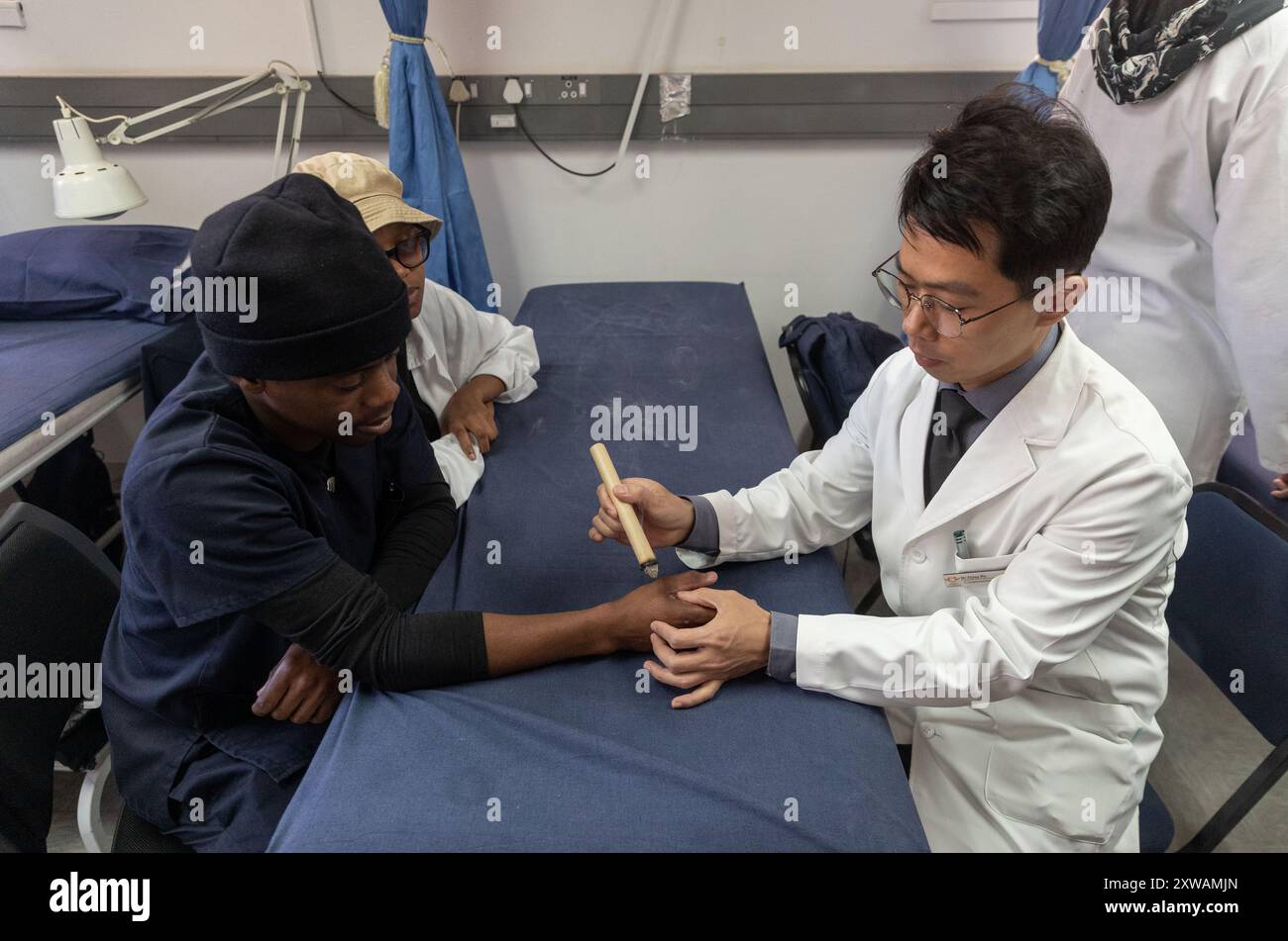 (240819) -- JOHANNESBURG, 19. August 2024 (Xinhua) -- Hu Zijing demonstriert Moxibustionstechniken während eines Akupunkturtrainings an der Universität Johannesburg in Johannesburg, Südafrika, am 29. Juli 2024. In der Abteilung für Komplementärmedizin der Fakultät für Gesundheitswissenschaften an der Universität Johannesburg hatten die Studenten im zweiten Studienjahr einen Moxibustion-Kurs. Während des Trainings lernten sie die Funktionen der Moxibustion kennen und übten verschiedene Techniken mit Moxa-Kegeln und Moxa-Sticks unter der Führung von Hu Zijing, einem leitenden Dozenten und Forscher in der Abteilung. HU ist respo Stockfoto