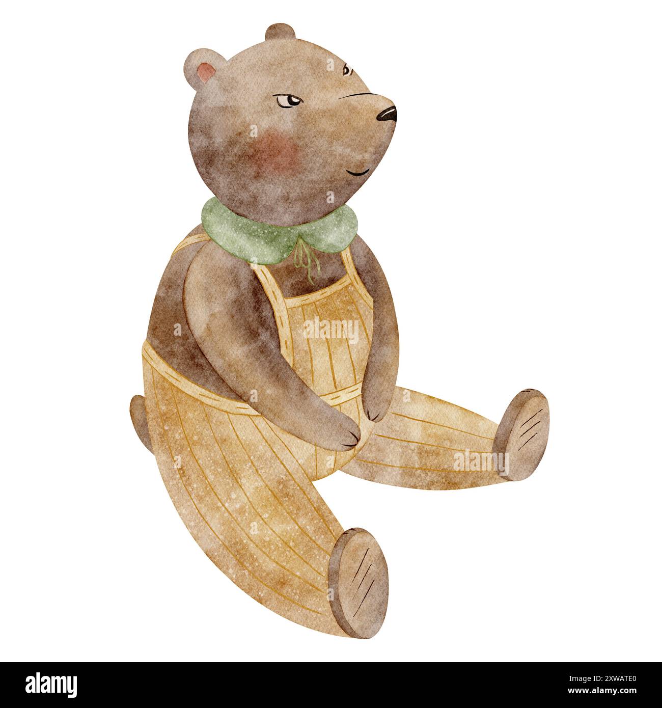 Niedlicher Bär im Overall und Kragen. Illustration im Vintage-Stil für Kinder isoliert auf weißem Hintergrund für Vorlagen für Einladungen Stockfoto