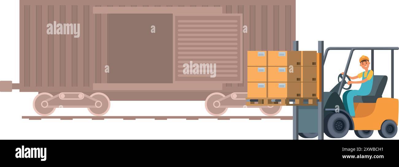 Beladung von Eisenbahnwaggons. Arbeiter mit Frachtboxen Stock Vektor