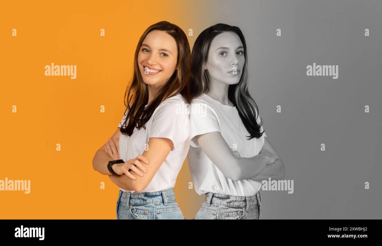 Kreatives Split-Tone-Porträt einer Frau in lässiger Kleidung vor Hintergrund Stockfoto