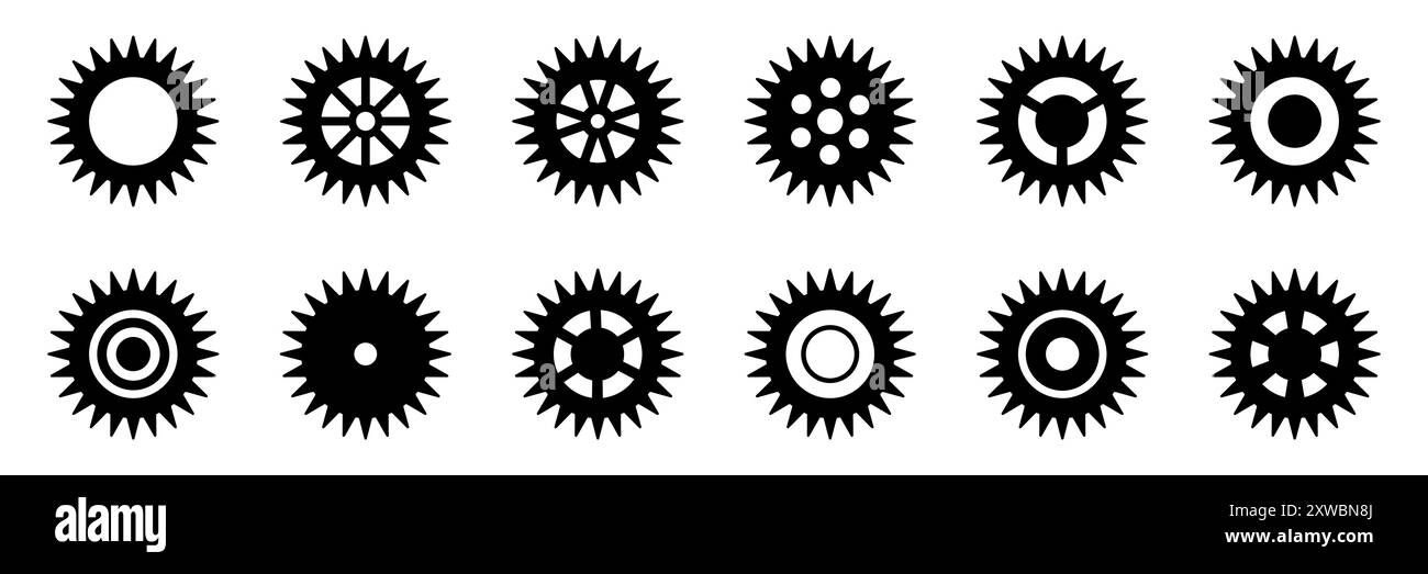 Symbolsatz Gänge. Symbol für Gangeinstellung. Sammlung mechanischer Zahnräder. Einfache Zahnradsammlung. Zahnradsymbole. Vektordarstellung mit Zahnrädern Stock Vektor