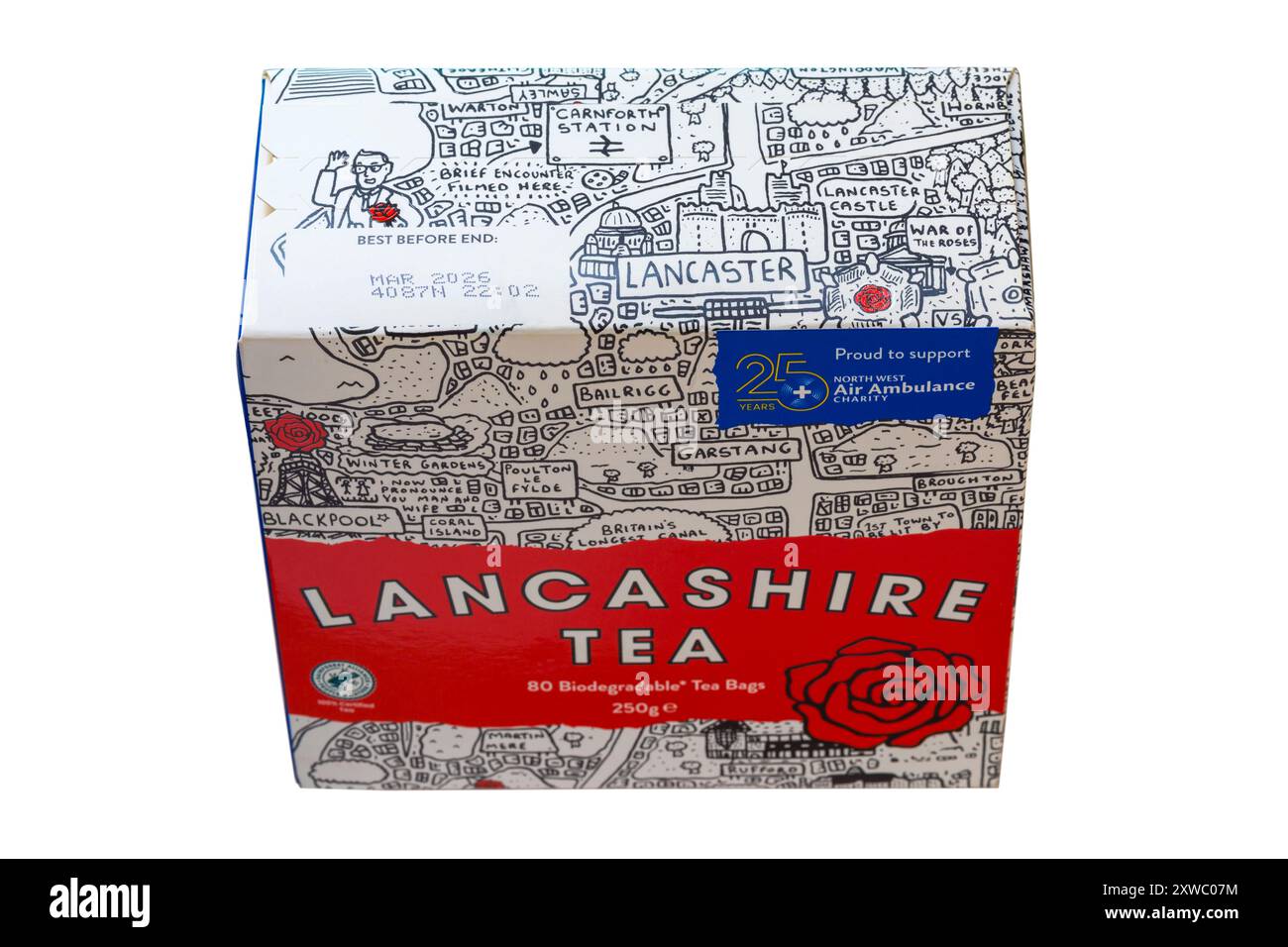 Box von Lancashire Tee Teebeutel isoliert auf weißem Hintergrund - 80 biologisch abbaubare Teebeutel Stockfoto