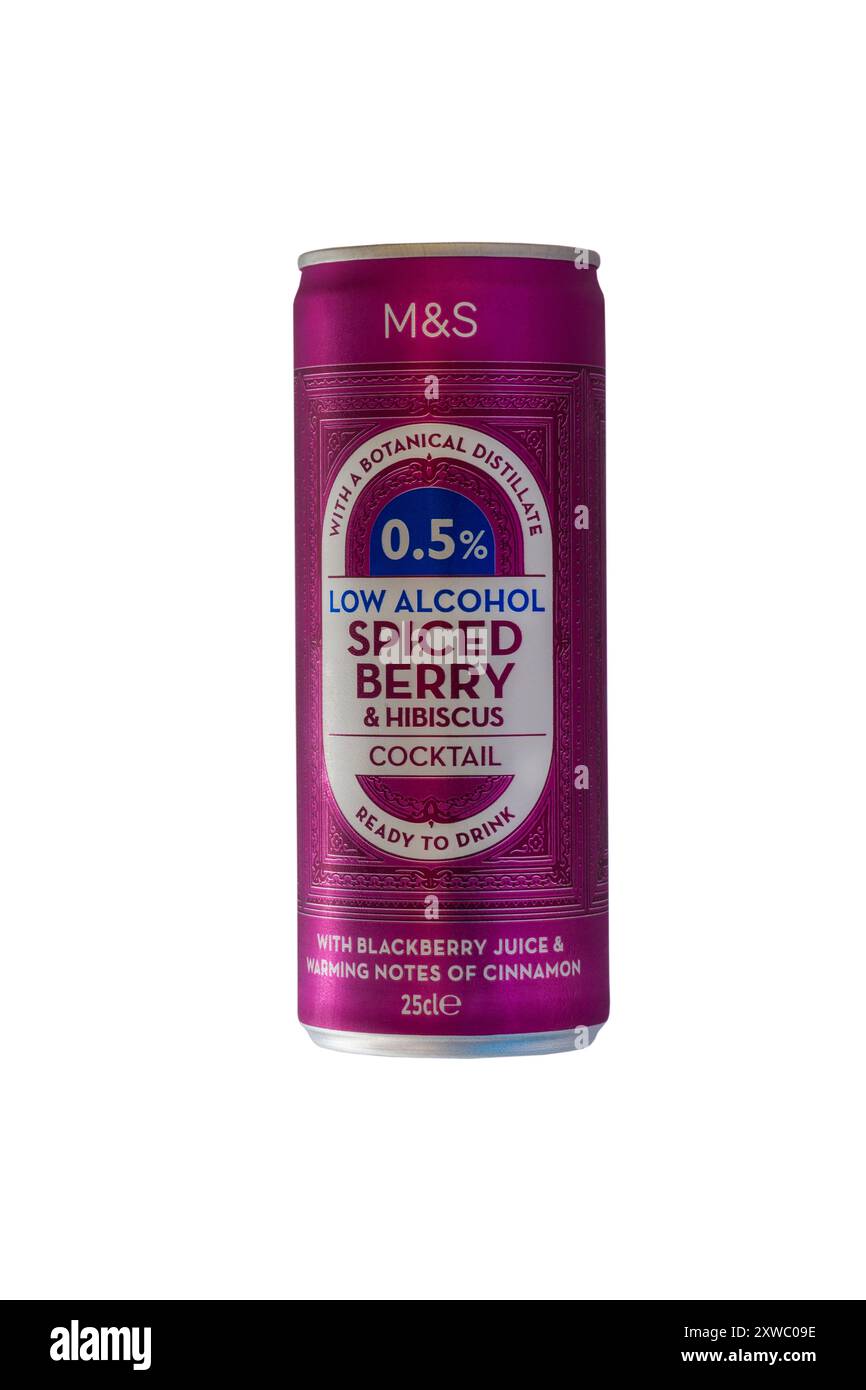 Dose von alkoholarmen Gewürzbeeren & Hibiskus Cocktailgetränk mit brombeersaft und warmen Noten von Zimt isoliert auf weißem Hintergrund Stockfoto