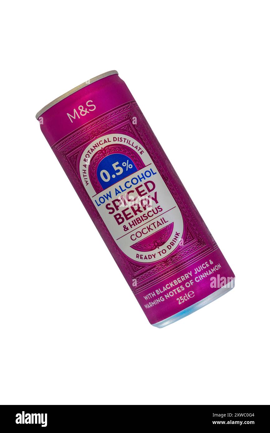 Dose von alkoholarmen Gewürzbeeren & Hibiskus Cocktailgetränk mit brombeersaft und warmen Noten von Zimt isoliert auf weißem Hintergrund Stockfoto