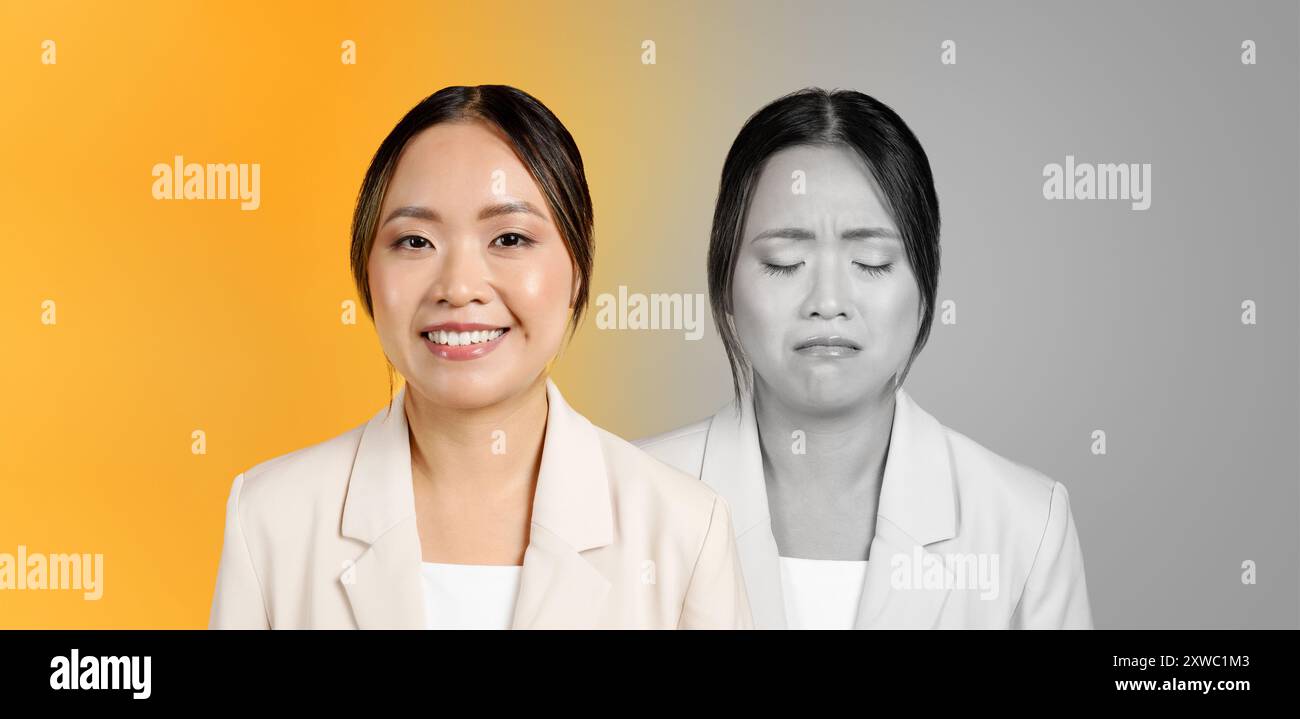 Emotionaler Ausdruck einer jungen Frau in Berufskleidung Stockfoto