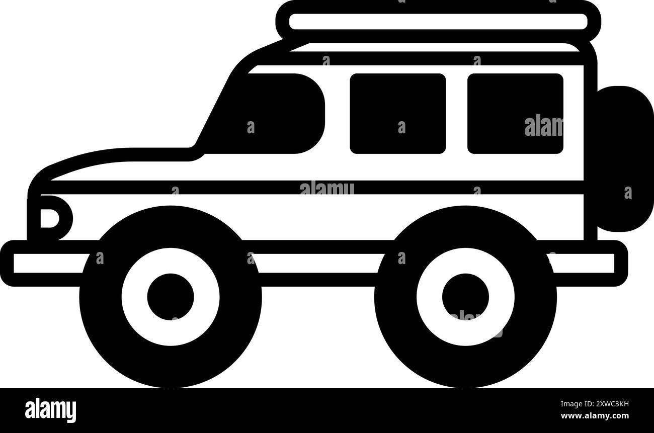 Eine schwarz-weiße Zeichnung eines Fahrzeugs mit Allradantrieb. Der Jeep ist geparkt und hat ein Dach oben Stock Vektor