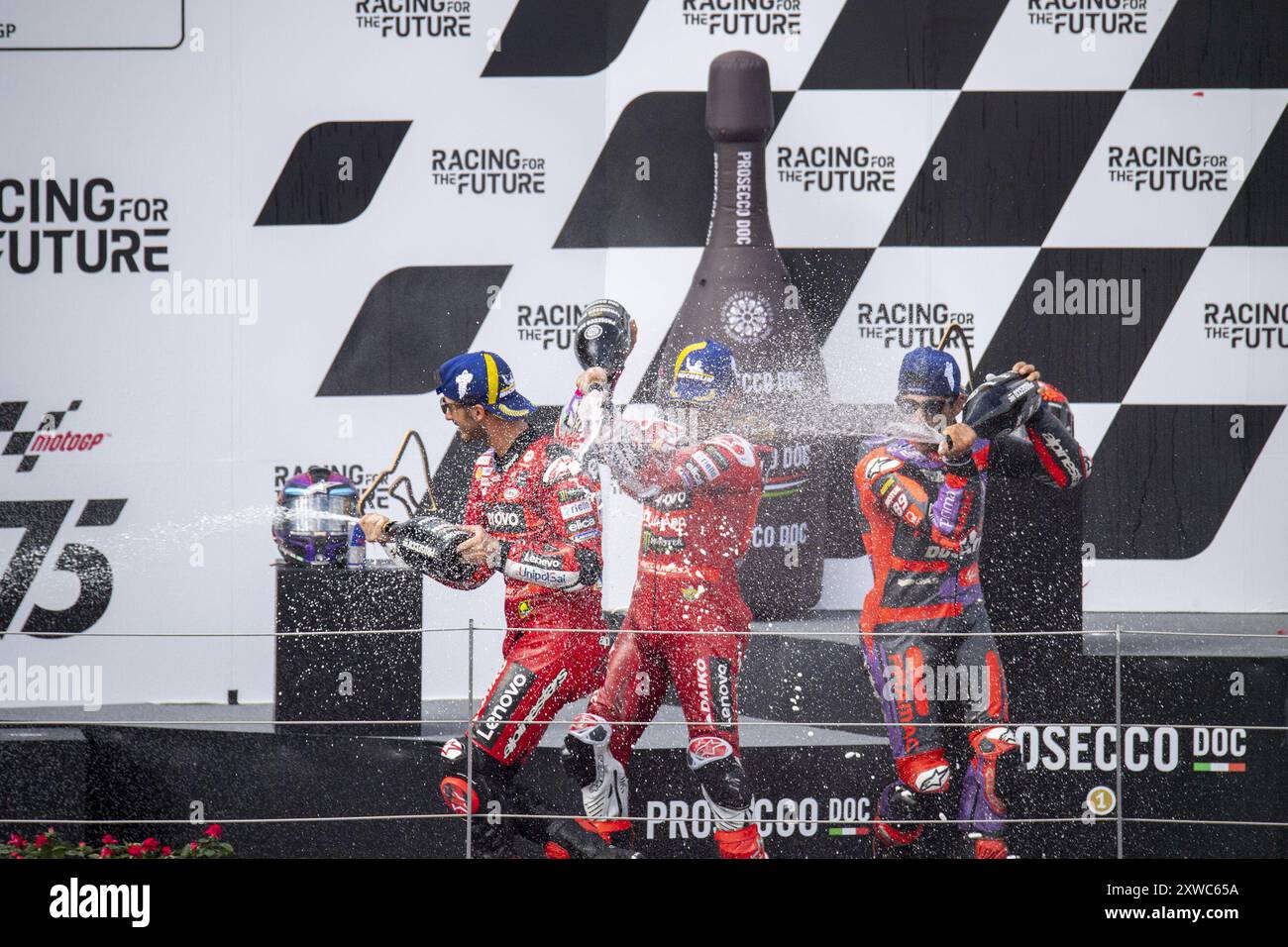 Podium GP Österreich MotoGP: Francesco Bagnaia, Jorge Martin, Enea Bastianini während des Gran Premio Motorrand de MotoGP de Austria - Rennen, MotoGP Weltmeisterschaft in Spielberg, Australien, 18. August 2024 Stockfoto